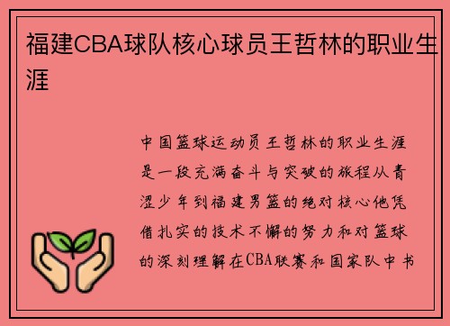福建CBA球队核心球员王哲林的职业生涯