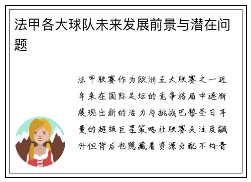 法甲各大球队未来发展前景与潜在问题